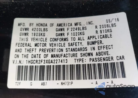 2016 Honda Accord Lx z USA, uszkodzony, nr VIN 1HGCR2F3XGA227413